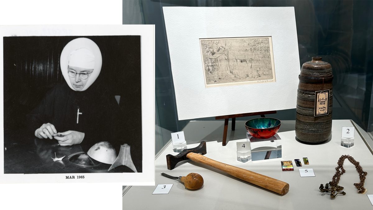 Sr. Ann Ellen Bailey, SP, practices metalwork. In a separate image, several of her tools and creations are on display.