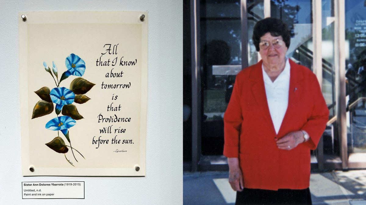 Sr. Ann Dolores, SP, poses for a portrait. Her calligraphy is depicted in a separate image.