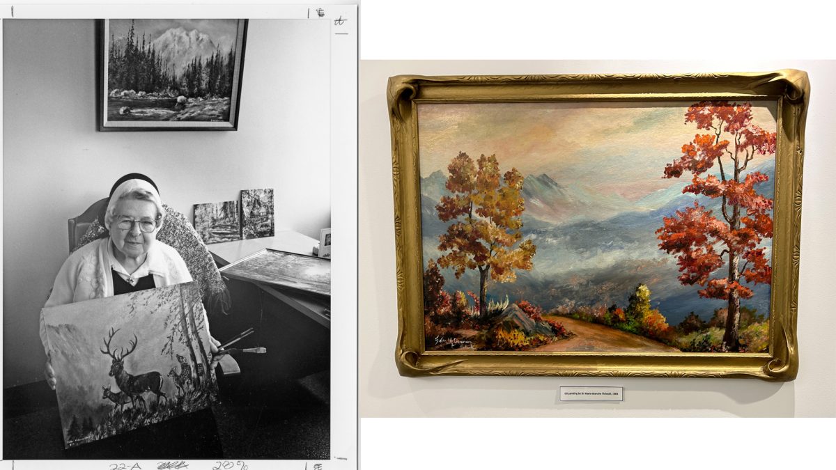 Sr. Marie-Blanche Thibault poses with a painting she created, alongside a separate picture of a painting on display.