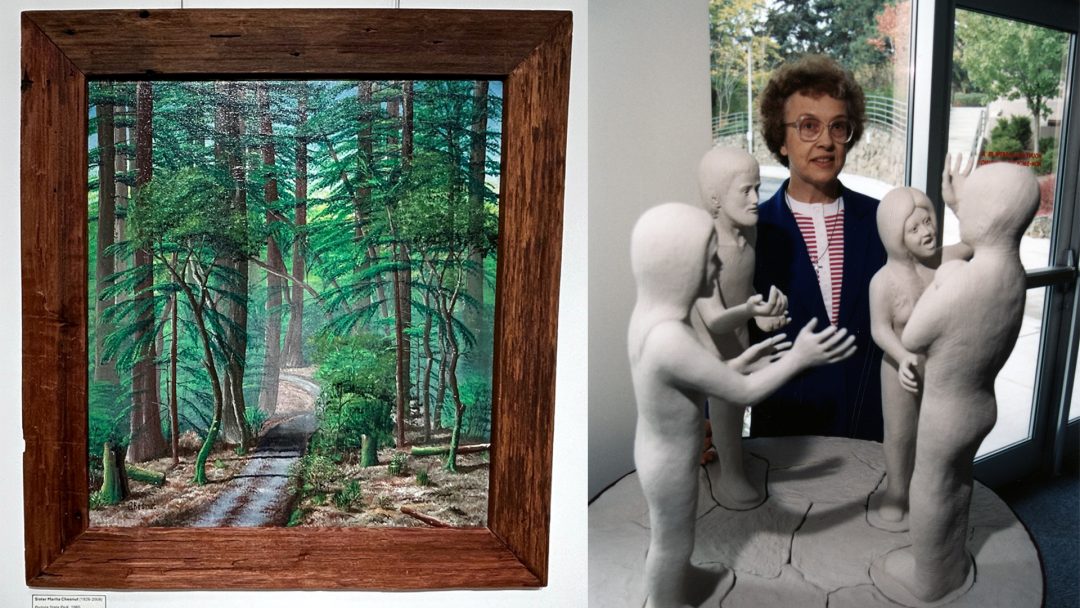 Sor Marita Chesnut, SP, posa con una creación de arcilla. En otra imagen, un cuadro suyo cuelga en una exposición.