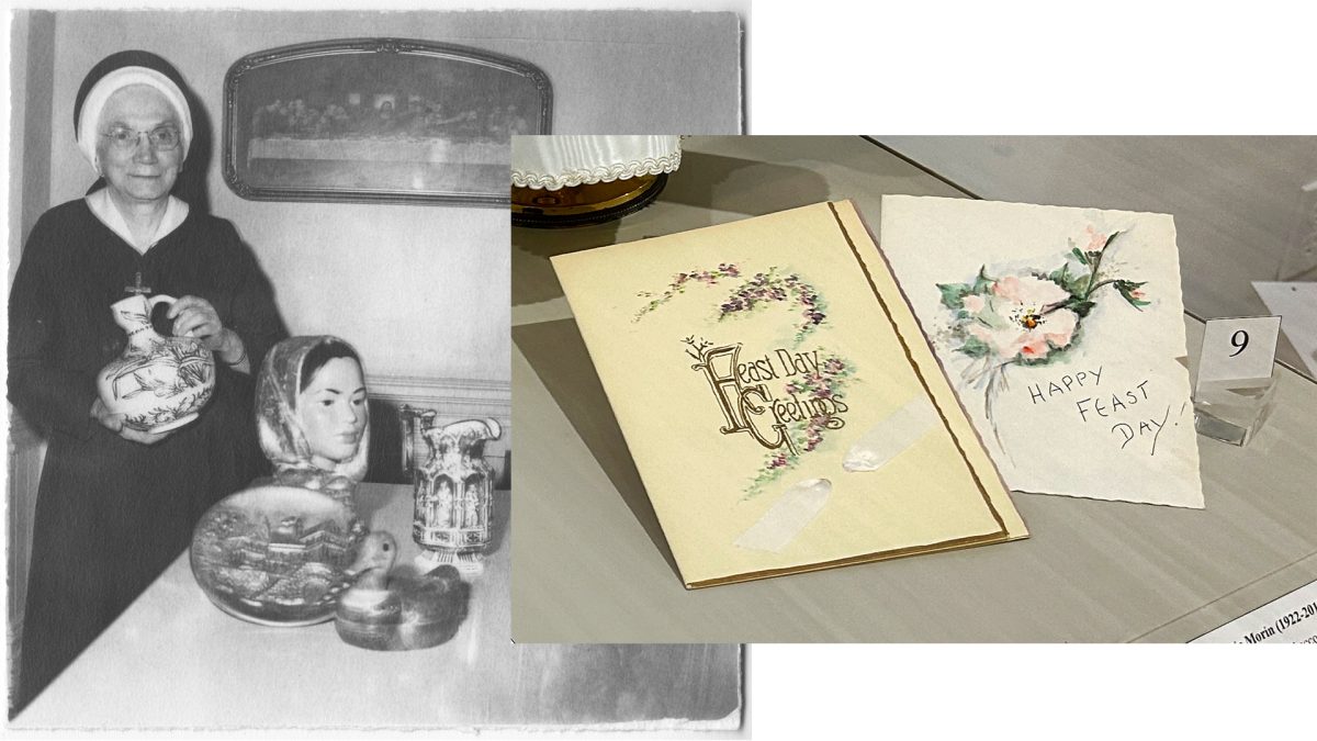 Sr. Mary Aloysius (Small), SP, poses with ceramic art. In a separate image, a close-up picture shows the detail of her calligraphy upon exhibited greeting cards.