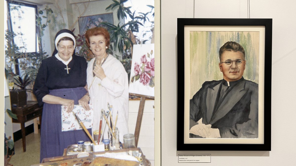 Two artists pose together in a studio. In a separate image, a finished painting hangs in a gallery.