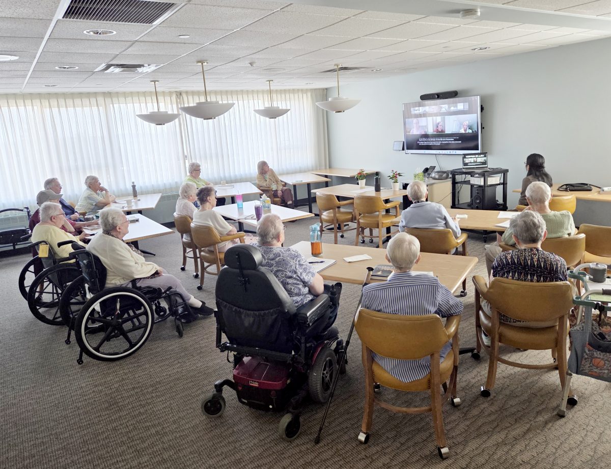 Sisters participate in an online meeting.