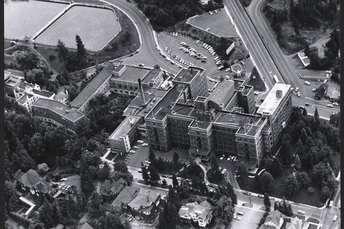 Aerial view of Providence Sacred Heart Medical Center in the 1960s.
