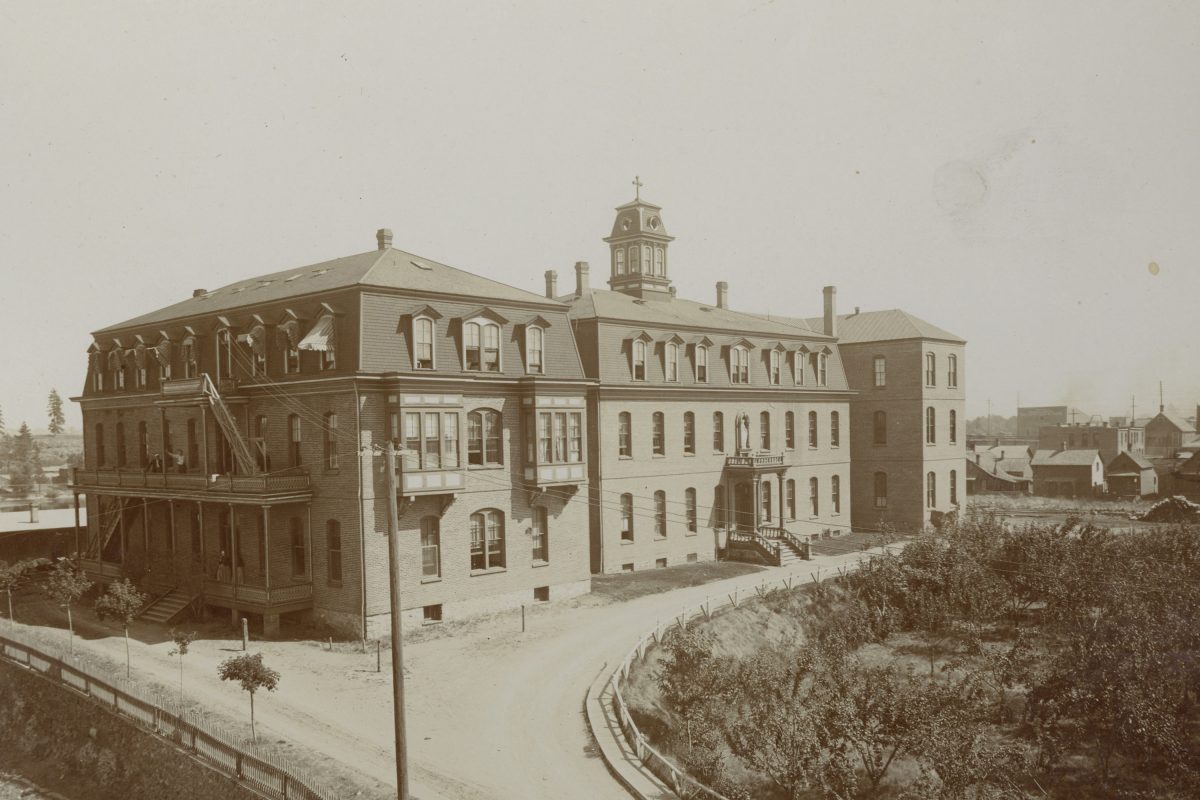 Archival image of the original Sacred Heart Hospital in Spokane.