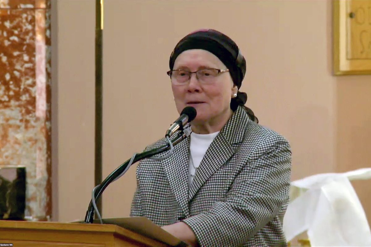 Sr. Rosalie Locati speaks during a Mass.